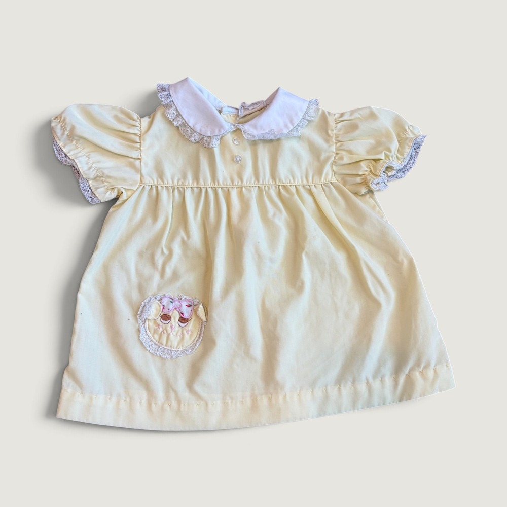 Vintage Nannette Baby Dress Yellow Lace Peter Pan Collar Embroidered Puppy 12M